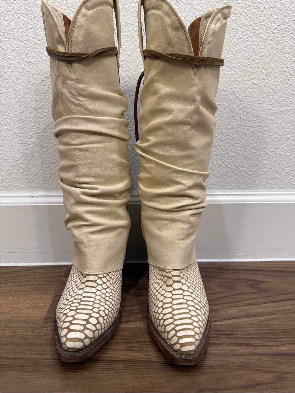 Cream Leather Slouch Knee Boots with Textured Toe